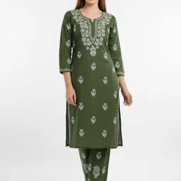 Pack of 2 Women Chikan Embroidery Pure Cotton Ethnic Dress-image-17
