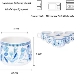 the kumhar kala Pack of 6 Ceramic Handcrafted Botanic Blue Ceramic Tea Coffee Mugs Set of 6, 160ML, Microwave Safe image 2