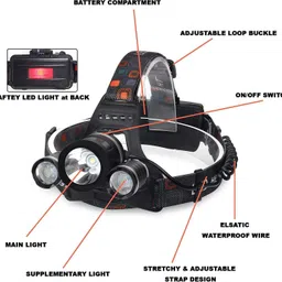 moonza LED Head Lamp Flash Light Torch with Adjustable Rechargeable Battery for Camping Trekking Caving Hiking Reading Running Torch image 3