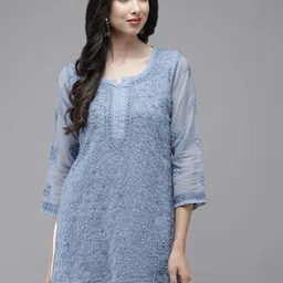 ADA Blue Hand Embroidered Chikankari Kota Kurti With Matching Slip-picture-28