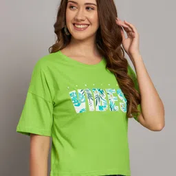 ad fashion Women Printed, Typography Round Neck Pure Cotton Light Green T-Shirt image 5