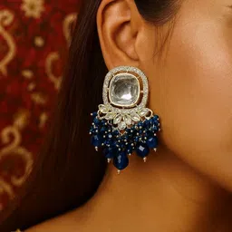 lucentarts jewellery Fashionable Traditional Gold Plated Kundan Studded Blue Earring For Women Cubic Zirconia Alloy Plug Earring image 4