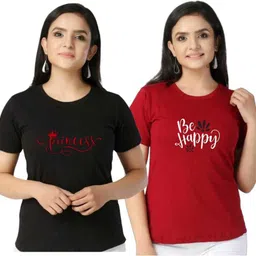 finn fab Pack of 2 Women Printed Round Neck Pure Cotton Black T-Shirt-picture-28