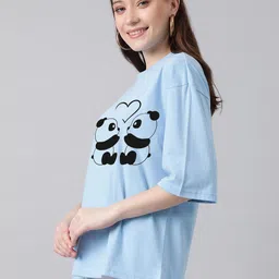 kotty Women Printed Round Neck Cotton Blend Blue T-Shirt image 2