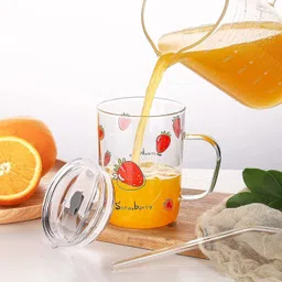 devchhaya enterprise Random Design Glass Straw Measuring Drinking with Handle(400 ml, Pack of 2) Glass Coffee Mug image 2