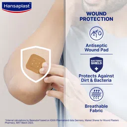 hansaplast Antiseptic Patch Bandage | 50 Strips | Square Shape |Perfect for wounds on elbow Adhesive Band Aid image 2