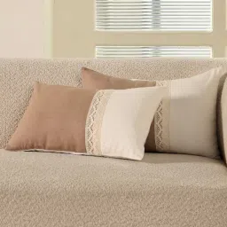 peepul tree Handmade Rectangular Crochet Cotton Taupe and Off White Crochet with Flap Set of 2 (12x18inches) Cushion Covers image 2