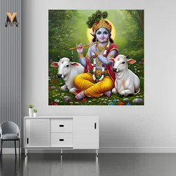 ymgraphics 45 cm Little Baby Krishna And Little Cute Cow Wall Poster For Pooja Room Living Room Self Adhesive Sticker image 5