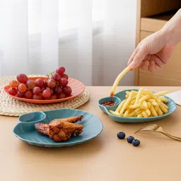 sapient Serving Plate With Dip Bowl Made With White Straw Microwave Safe Snack Plate Chip & Dip Tray image 2