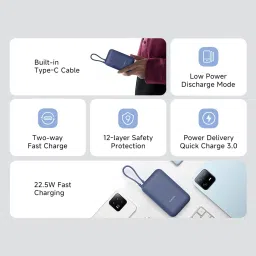 Xiaomi Pocket 10000 mAh 22.5W Fast Charging Power Bank (2 Type A & 1 Type C Ports, QC 3.0 Support, Blue) image 2