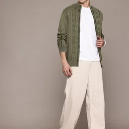 roadster Men Self Design High Neck Green Sweater image 5