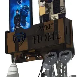 rareion engineering Wooden Key Holder 5 key Holder with 2 Mobile Space and USB Data Cable Space Wood Key Holder image 4