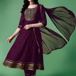 queensfab Women's Rayon Embellished & Printed Anarkali Kurta Set. Embroidered Anarkali Kurta, Bottom & Dupatta Set-picture-10