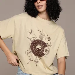 roadster Women Printed Round Neck Cotton Blend Beige T-Shirt-picture-16