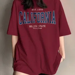 juneberry Oversized Women Printed, Typography Round Neck Pure Cotton Maroon T-Shirt-picture-38