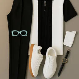 try this Men Self Design Zip Neck Cotton Blend White, Black T-Shirt image 2