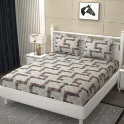 Grey Geometric 200 TC Ultrasoft Microfiber Queen size Flat Double Bedsheet With Two Pillow Covers (90x90 inches)-image-33