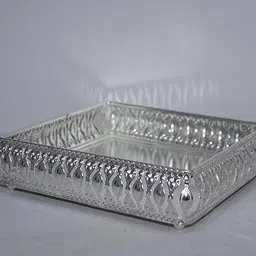 jm international German Silver Decorative Square Tray Set for Pooja, Diwali Gift Tray image 2