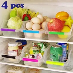newon Plastic 4 Pcs Plastic Fridge Space Saver Organizer Storage Rack Tray Box Refrigerator Storage Organisers for Fruits, Vegetables, Cold Drink - 100 ml Plastic Container Storage Basket image 2