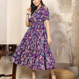 indrastyle Women Fit and Flare Purple Midi/Calf Length Dress-picture-14