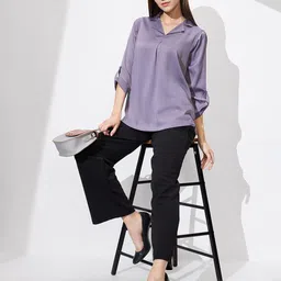 globus Formal Roll Up Sleeves Solid Women Purple Top image 5