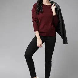 roadster Women Solid Round Neck Maroon Sweater image 4