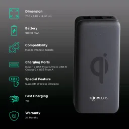 Boompods Powerboom Qi 10000 mAh Fast Charging Power Bank (1 Micro USB Type B, 1 Type C & 2 Type A Ports, Wireless Charging, Black) image 3
