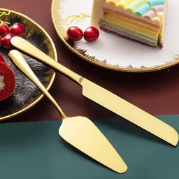 yujasv 2 Pcs Of Golden Cake Cutting Knife and Server Set Pie Spatula For Wedding Gift Stainless Steel Cake Server image 3