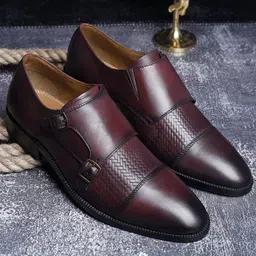 louis stitch Maroon Italian Leather Double Monk Strap Formal Slip On Shoes for Men (EUWEDMRW) Monk Strap For Men image 1