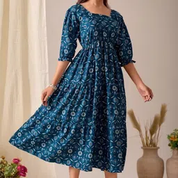 onesree Women Fit and Flare Blue Below Knee Dress-picture-20