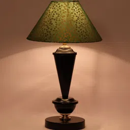 Antique Green & Gold Fabric Shade Night Lamp With Metal Base By Foziq image 3