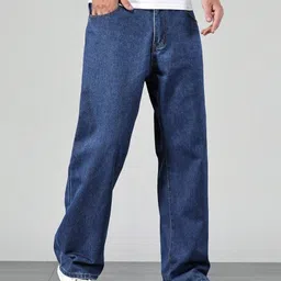 denim look Men Loose Fit Mid Rise Dark Blue Jeans image 3
