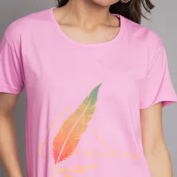 ad fashion Women Printed Round Neck Cotton Blend Pink T-Shirt image 5
