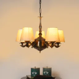 new era Devansh 05 Lights conical off-white cotton shade with Antique Golden Chandelier image 1