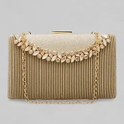 rubans Golden Coloured Box Clutch With Studded American Diamonds Sling Bag image 3