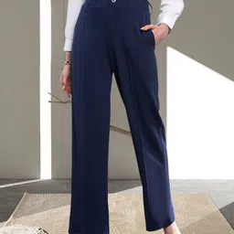 Women Regular Fit Dark Blue Cotton Blend Trousers-image-43