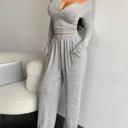 Women Loose Fit Grey Cotton Blend Trousers-image-57