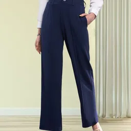 neysa Women Regular Fit Dark Blue Cotton Blend Trousers-picture-23