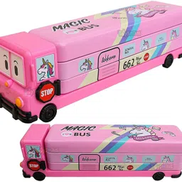 sr toys Cartoon Printed School Bus Matal Pencil Box with Moving Tyres for Kids - Pink-picture-10