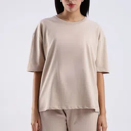 aerio Women Solid Round Neck Reversible Pure Cotton Beige T-Shirt-picture-28