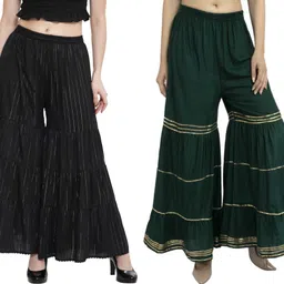 tnq Pack of 2 Women Regular Fit Black, Dark Green Cotton Blend Trousers-picture-27