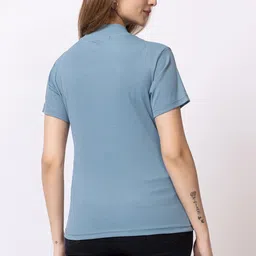 hilfire region Women Solid Zip Neck Cotton Blend Blue T-Shirt image 2