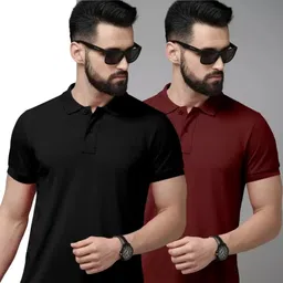 creative sports Pack of 2 Men Solid Polo Neck Pure Cotton Navy Blue T-Shirt-picture-26