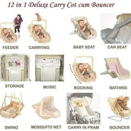 smiley bell 13 in 1 Musical Carry Cot/Bouncer with Mosquito Net and Storage Box and swing -MADE IN INDIA Bouncer (Brown) Bouncer image 3
