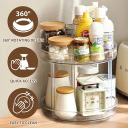 house of quirk Containers Kitchen Rack 360 Degree Rotating Storage Tray (2 Tier, Clear) Plastic image 3
