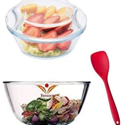 femora Borosilicate Glass Microwave Safe Mixing Bowl 2100 ML, Serving Casserole 1500 ML, Silicone Spoon Serving (Set of 3) Bowl, Spoon Serving Set image 1