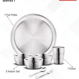 classic essentials Pack of 7 Stainless Steel High Grade Hammered Dinner Set | Serve for 1 Dinner Set image 3