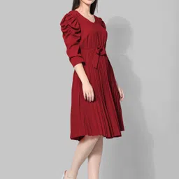 Women Fit and Flare Maroon Knee Length Dress-image-3