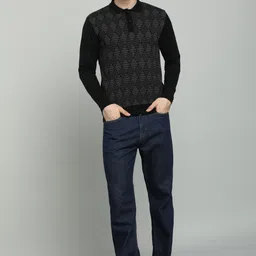 raymond Men Self Design Collared Neck Black, Grey Sweater image 2