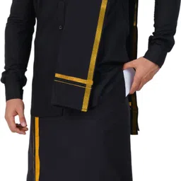 Prakasam Cotton Full Sleeve Black Shirt+Matching Black towel+Mens Flexi Readymade Jari Black Solid Men Dhoti-picture-20